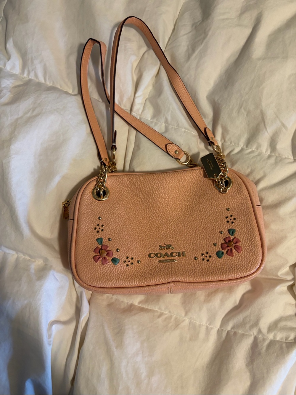 RARE Coach Peach Pink Floral Pebbled Leather Shoulder Bag